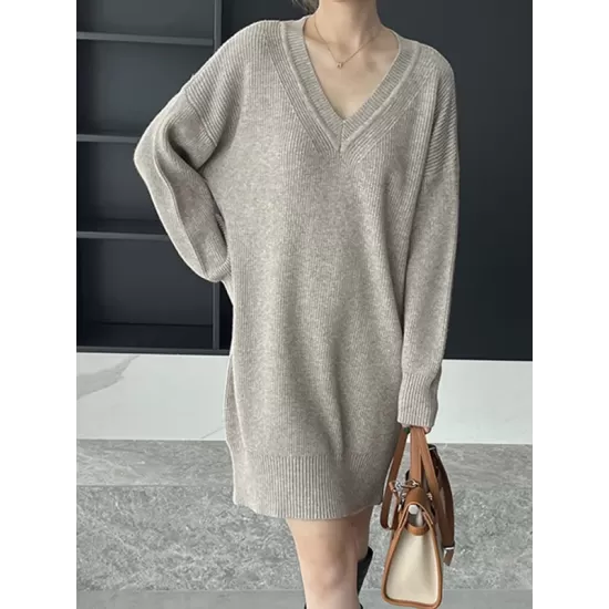 Simple Loose Long Sleeves Solid Color V-Neck Sweater Dresses Simple Loose Long Sleeves Solid Color V-Neck Sweater Dresses