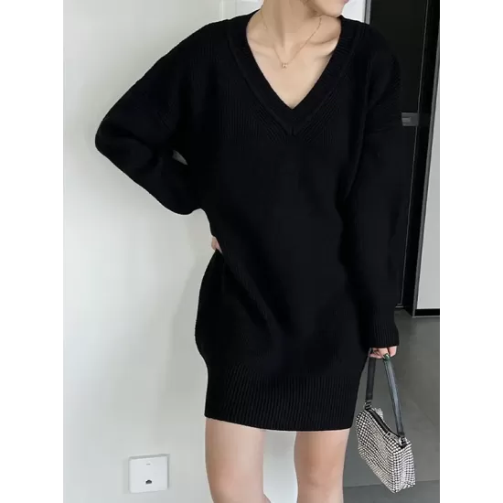 Simple Loose Long Sleeves Solid Color V-Neck Sweater Dresses Simple Loose Long Sleeves Solid Color V-Neck Sweater Dresses