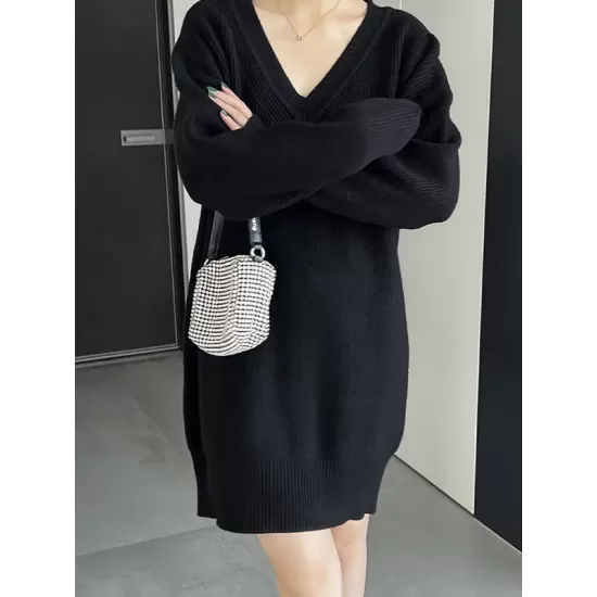 Simple Loose Long Sleeves Solid Color V-Neck Sweater Dresses Simple Loose Long Sleeves Solid Color V-Neck Sweater Dresses
