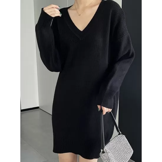 Simple Loose Long Sleeves Solid Color V-Neck Sweater Dresses Simple Loose Long Sleeves Solid Color V-Neck Sweater Dresses