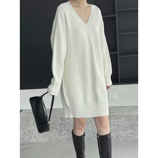 Simple Loose Long Sleeves Solid Color V-Neck Sweater Dresses Simple Loose Long Sleeves Solid Color V-Neck Sweater Dresses