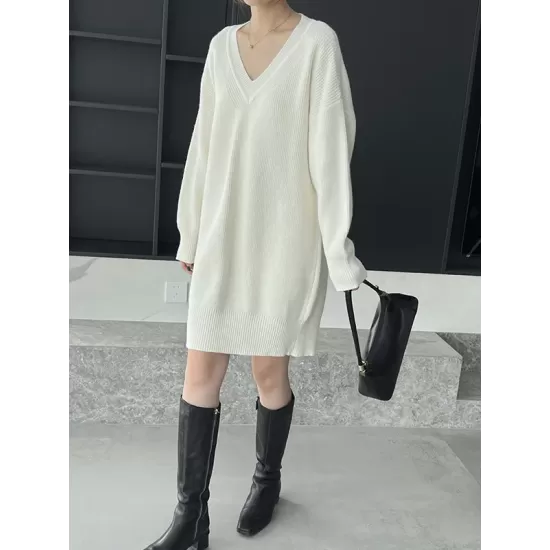 Simple Loose Long Sleeves Solid Color V-Neck Sweater Dresses Simple Loose Long Sleeves Solid Color V-Neck Sweater Dresses