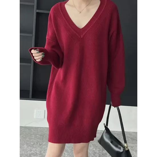 Simple Loose Long Sleeves Solid Color V-Neck Sweater Dresses Simple Loose Long Sleeves Solid Color V-Neck Sweater Dresses