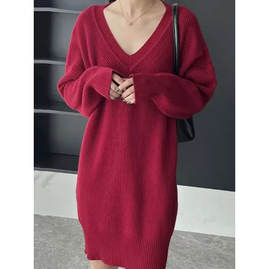 Simple Loose Long Sleeves Solid Color V-Neck Sweater Dresses Simple Loose Long Sleeves Solid Color V-Neck Sweater Dresses