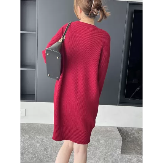 Simple Loose Long Sleeves Solid Color V-Neck Sweater Dresses Simple Loose Long Sleeves Solid Color V-Neck Sweater Dresses