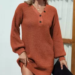 Casual Puff Sleeves Solid Color V-Neck Sweater Dresses