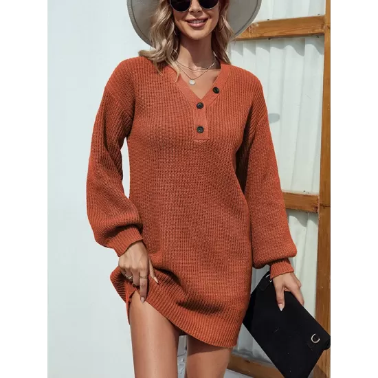 Casual Puff Sleeves Solid Color V-Neck Sweater Dresses Casual Puff Sleeves Solid Color V-Neck Sweater Dresses