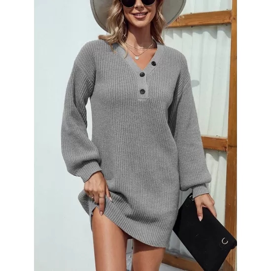 Casual Puff Sleeves Solid Color V-Neck Sweater Dresses Casual Puff Sleeves Solid Color V-Neck Sweater Dresses