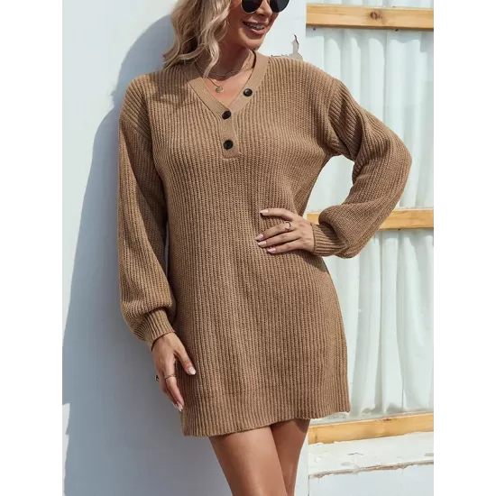 Casual Puff Sleeves Solid Color V-Neck Sweater Dresses Casual Puff Sleeves Solid Color V-Neck Sweater Dresses