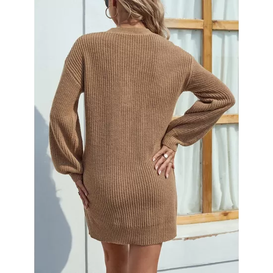 Casual Puff Sleeves Solid Color V-Neck Sweater Dresses Casual Puff Sleeves Solid Color V-Neck Sweater Dresses