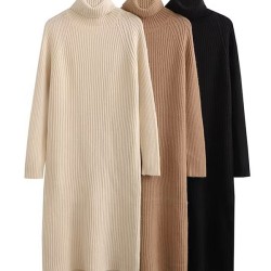Simple Long Sleeves Loose Solid Color High-Neck Sweater Dresses