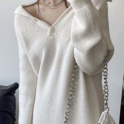 Simple Long Sleeves Loose Buttoned Solid Color High-Neck Sweater Dresses