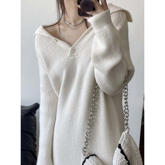 Simple Long Sleeves Loose Buttoned Solid Color High-Neck Sweater Dresses Simple Long Sleeves Loose Buttoned Solid Color High-Neck Sweater Dresses