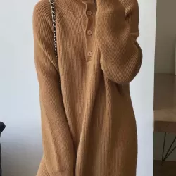 Simple Long Sleeves Loose Buttoned Solid Color High-Neck Sweater Dresses