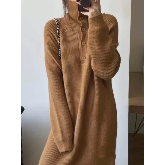 Simple Long Sleeves Loose Buttoned Solid Color High-Neck Sweater Dresses Simple Long Sleeves Loose Buttoned Solid Color High-Neck Sweater Dresses