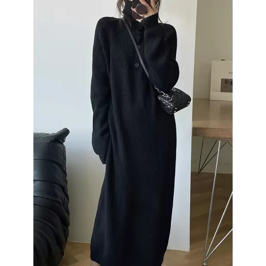 Simple Long Sleeves Loose Buttoned Solid Color High-Neck Sweater Dresses Simple Long Sleeves Loose Buttoned Solid Color High-Neck Sweater Dresses