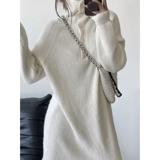 Simple Long Sleeves Loose Buttoned Solid Color High-Neck Sweater Dresses Simple Long Sleeves Loose Buttoned Solid Color High-Neck Sweater Dresses