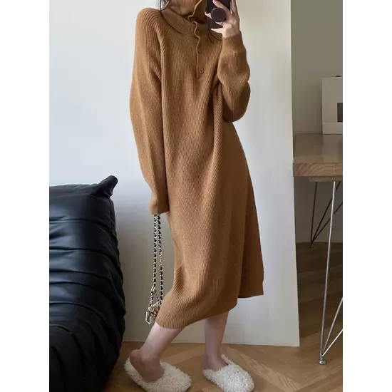 Simple Long Sleeves Loose Buttoned Solid Color High-Neck Sweater Dresses Simple Long Sleeves Loose Buttoned Solid Color High-Neck Sweater Dresses
