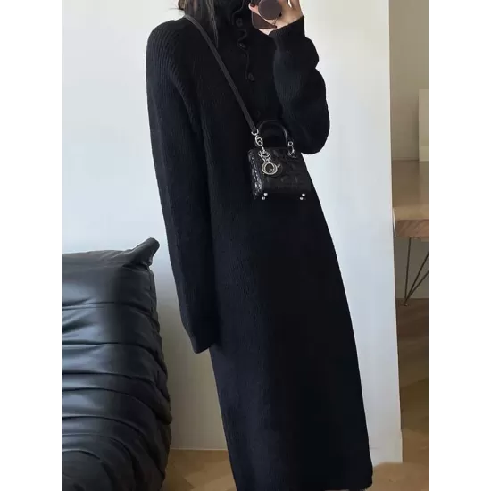 Simple Long Sleeves Loose Buttoned Solid Color High-Neck Sweater Dresses Simple Long Sleeves Loose Buttoned Solid Color High-Neck Sweater Dresses