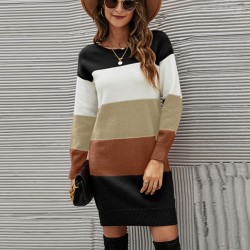 Casual Long Sleeves Contrast Color Round-Neck Sweater Dresses