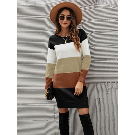 Casual Long Sleeves Contrast Color Round-Neck Sweater Dresses Casual Long Sleeves Contrast Color Round-Neck Sweater Dresses
