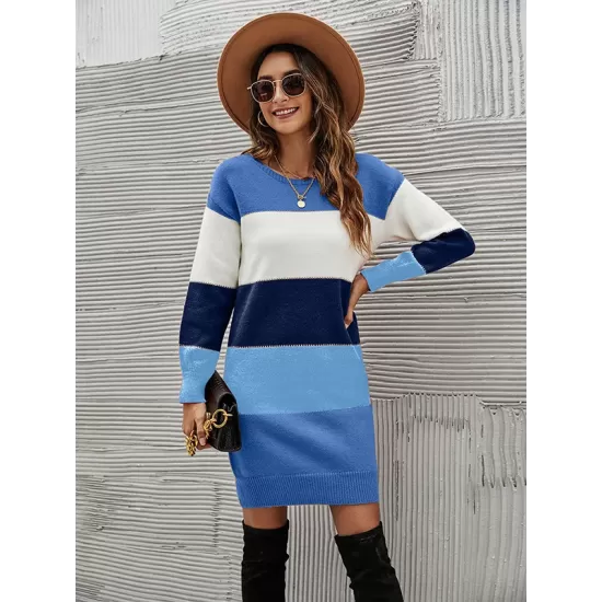 Casual Long Sleeves Contrast Color Round-Neck Sweater Dresses Casual Long Sleeves Contrast Color Round-Neck Sweater Dresses