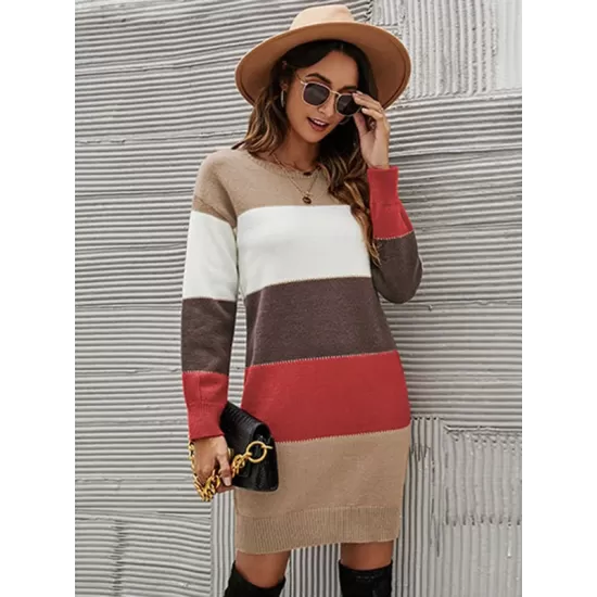 Casual Long Sleeves Contrast Color Round-Neck Sweater Dresses Casual Long Sleeves Contrast Color Round-Neck Sweater Dresses