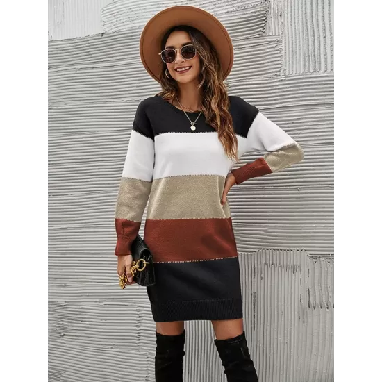 Casual Long Sleeves Contrast Color Round-Neck Sweater Dresses Casual Long Sleeves Contrast Color Round-Neck Sweater Dresses