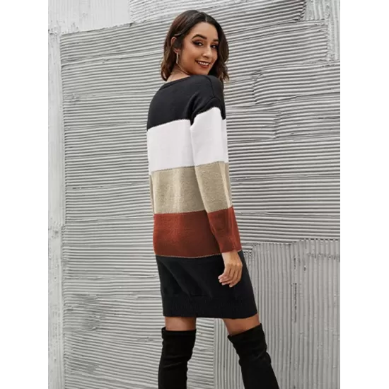 Casual Long Sleeves Contrast Color Round-Neck Sweater Dresses Casual Long Sleeves Contrast Color Round-Neck Sweater Dresses