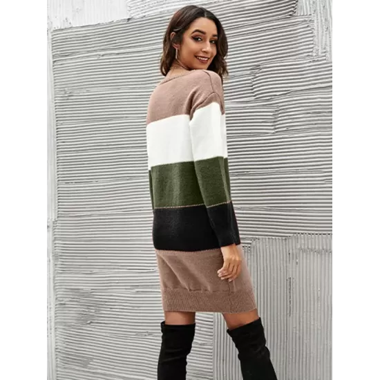 Casual Long Sleeves Contrast Color Round-Neck Sweater Dresses Casual Long Sleeves Contrast Color Round-Neck Sweater Dresses