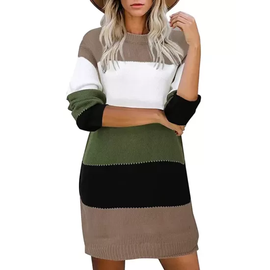 Casual Long Sleeves Contrast Color Round-Neck Sweater Dresses Casual Long Sleeves Contrast Color Round-Neck Sweater Dresses
