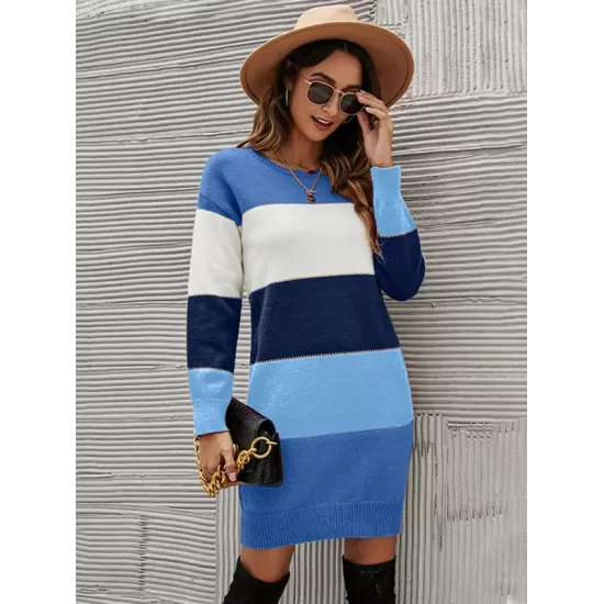 Casual Long Sleeves Contrast Color Round-Neck Sweater Dresses Casual Long Sleeves Contrast Color Round-Neck Sweater Dresses