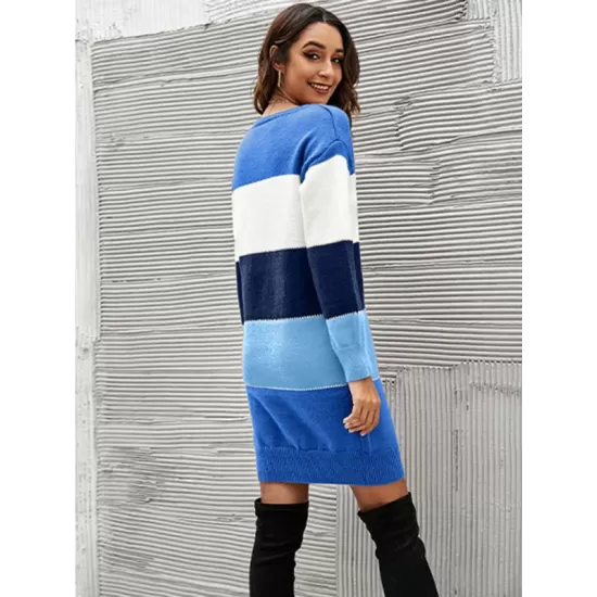 Casual Long Sleeves Contrast Color Round-Neck Sweater Dresses Casual Long Sleeves Contrast Color Round-Neck Sweater Dresses