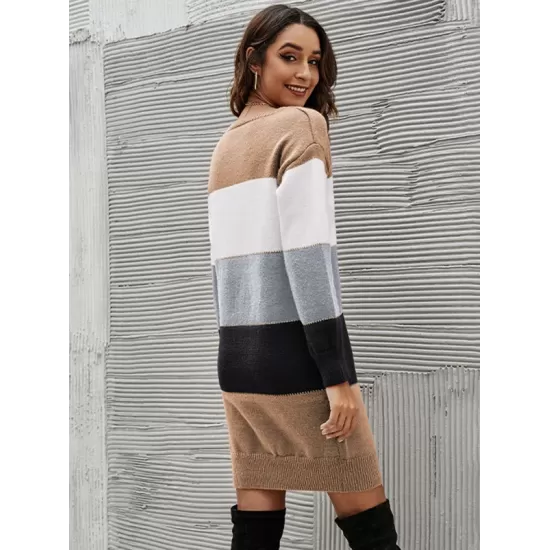 Casual Long Sleeves Contrast Color Round-Neck Sweater Dresses Casual Long Sleeves Contrast Color Round-Neck Sweater Dresses
