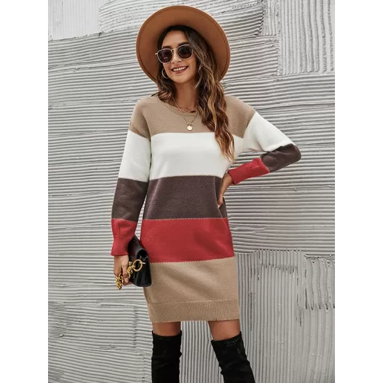 Casual Long Sleeves Contrast Color Round-Neck Sweater Dresses Casual Long Sleeves Contrast Color Round-Neck Sweater Dresses