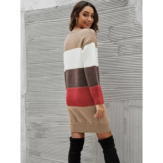 Casual Long Sleeves Contrast Color Round-Neck Sweater Dresses Casual Long Sleeves Contrast Color Round-Neck Sweater Dresses