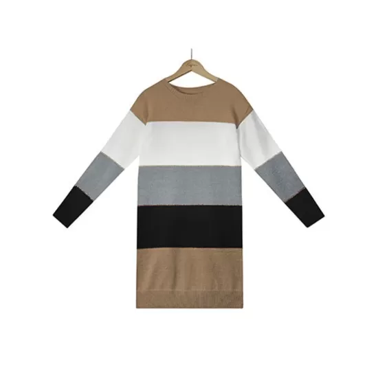 Casual Long Sleeves Contrast Color Round-Neck Sweater Dresses Casual Long Sleeves Contrast Color Round-Neck Sweater Dresses