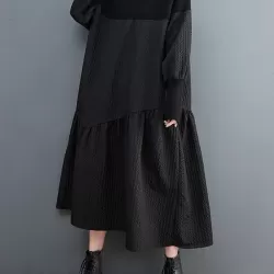 Casual Long Sleeves Loose Split-Joint Jacquard High-Neck Sweater Dresses
