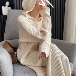 Stylish Long Sleeves Loose Solid Color Hooded Sweater Dresses