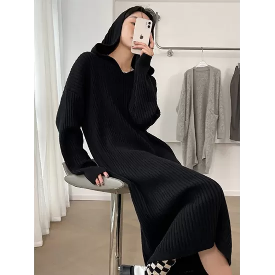Stylish Long Sleeves Loose Solid Color Hooded Sweater Dresses Stylish Long Sleeves Loose Solid Color Hooded Sweater Dresses