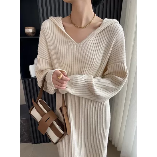 Stylish Long Sleeves Loose Solid Color Hooded Sweater Dresses Stylish Long Sleeves Loose Solid Color Hooded Sweater Dresses
