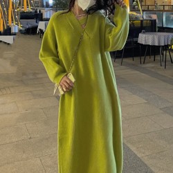 Urban Loose Long Sleeves Solid Color V-Neck Sweater Dresses