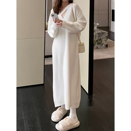 Urban Loose Long Sleeves Solid Color V-Neck Sweater Dresses Urban Loose Long Sleeves Solid Color V-Neck Sweater Dresses
