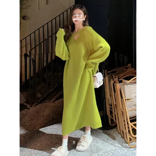 Urban Loose Long Sleeves Solid Color V-Neck Sweater Dresses Urban Loose Long Sleeves Solid Color V-Neck Sweater Dresses