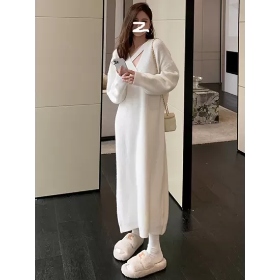Urban Loose Long Sleeves Solid Color V-Neck Sweater Dresses Urban Loose Long Sleeves Solid Color V-Neck Sweater Dresses