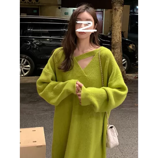 Urban Loose Long Sleeves Solid Color V-Neck Sweater Dresses Urban Loose Long Sleeves Solid Color V-Neck Sweater Dresses