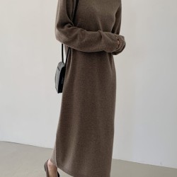 Casual Long Sleeves Loose Solid Color High-Neck Sweater Dresses