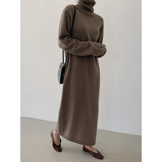 Casual Long Sleeves Loose Solid Color High-Neck Sweater Dresses Casual Long Sleeves Loose Solid Color High-Neck Sweater Dresses