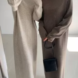 Casual Long Sleeves Loose Solid Color High-Neck Sweater Dresses