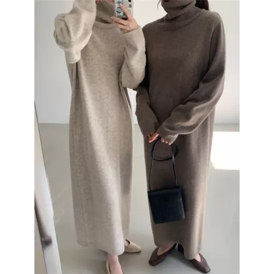 Casual Long Sleeves Loose Solid Color High-Neck Sweater Dresses Casual Long Sleeves Loose Solid Color High-Neck Sweater Dresses